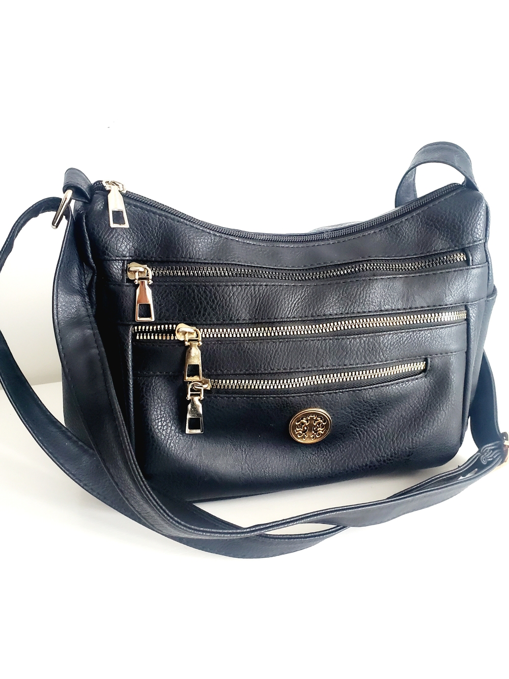 Black Leather Crossbody Bag with Gold Hardware